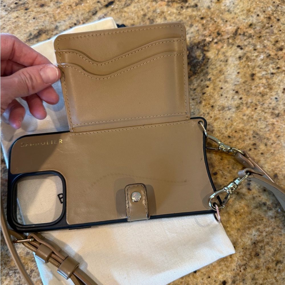 Bandolier Taupe Leather Crossbody Phone Bag with Strap - Picture 4 of 4